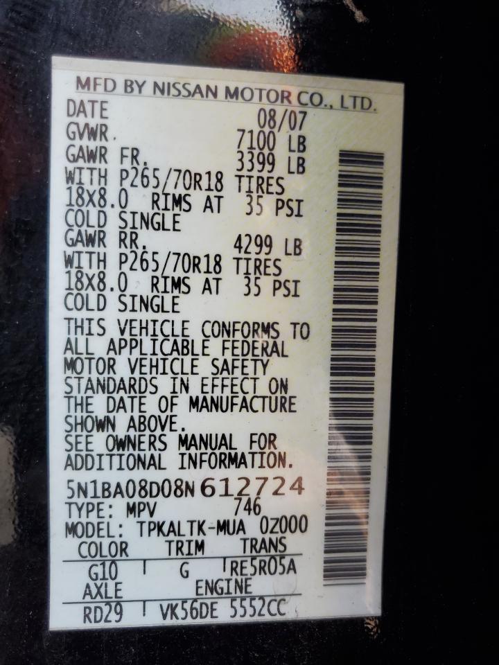 2008 Nissan Armada Se VIN: 5N1BA08D08N612724 Lot: 66545004
