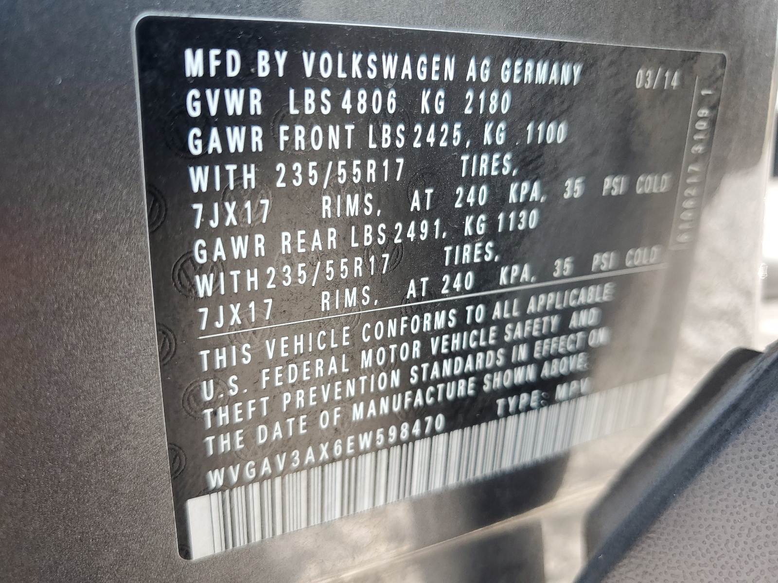 WVGAV3AX6EW598470 2014 Volkswagen Tiguan S