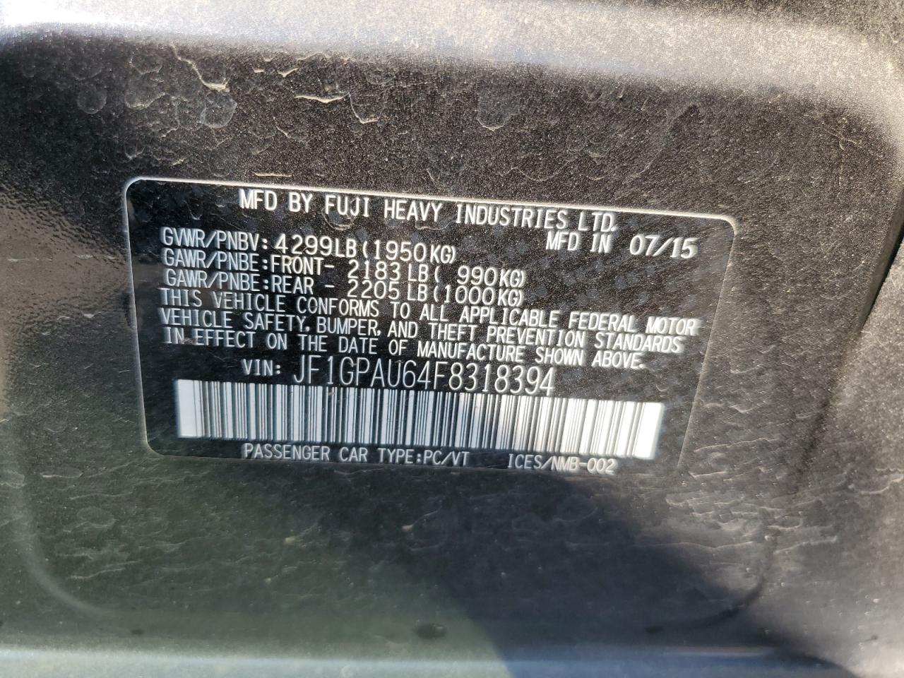 2015 Subaru Impreza Sport VIN: JF1GPAU64F8318394 Lot: 65862574