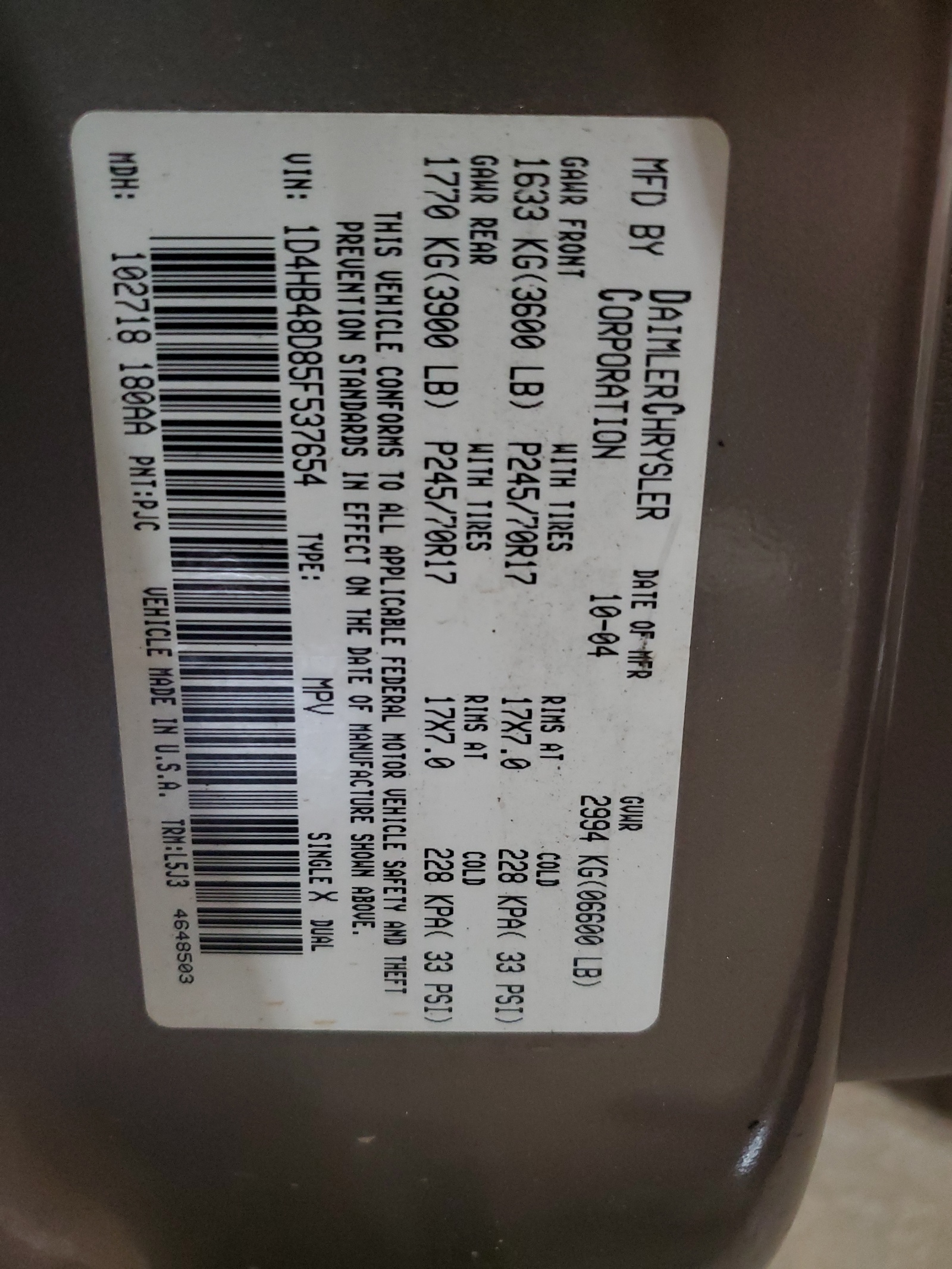 1D4HB48D85F537654 2005 Dodge Durango Slt