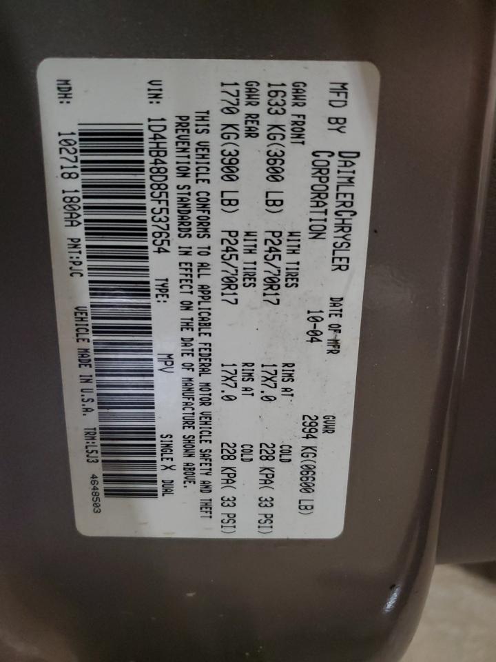 2005 Dodge Durango Slt VIN: 1D4HB48D85F537654 Lot: 65769784