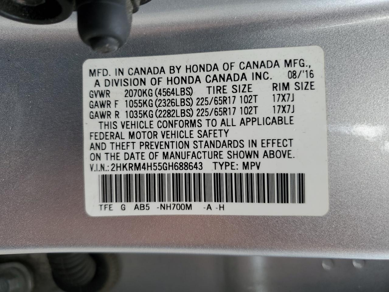 2016 Honda Cr-V Ex VIN: 2HKRM4H55GH688643 Lot: 66127034