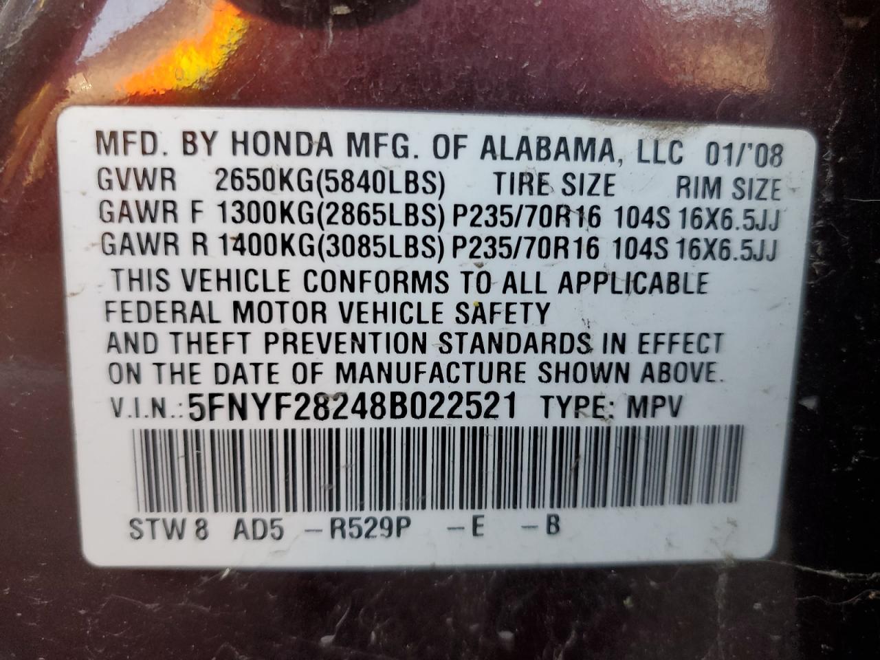 5FNYF28248B022521 2008 Honda Pilot Vp