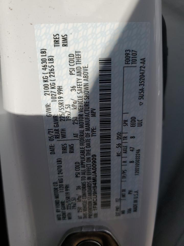 2021 Ford Escape Sel VIN: 1FMCU9H94MUA00909 Lot: 68069284