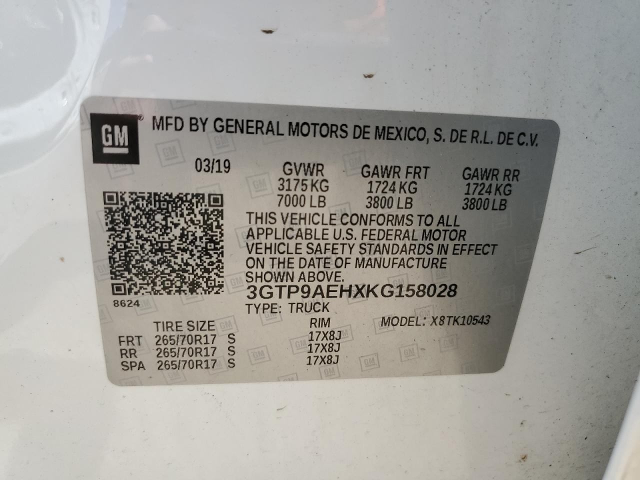 3GTP9AEHXKG158028 2019 GMC Sierra K1500