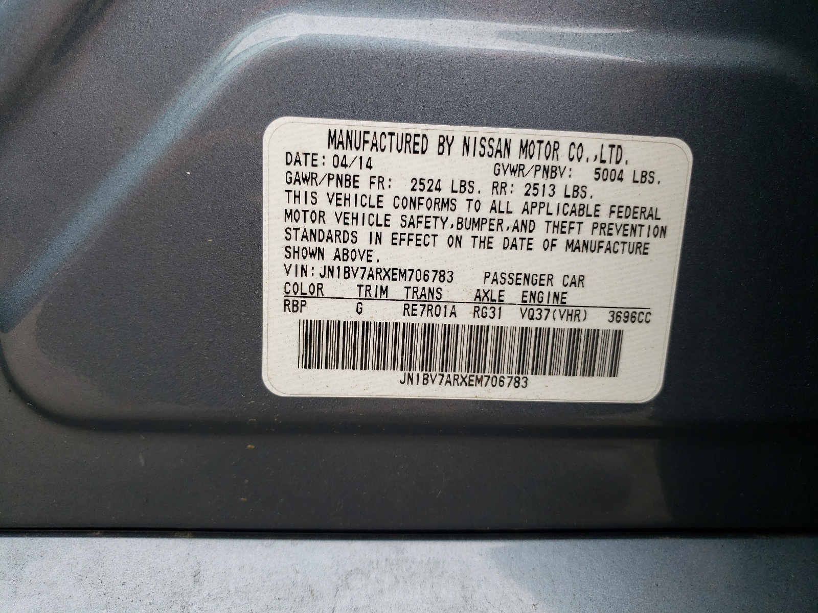 JN1BV7ARXEM706783 2014 Infiniti Q50 Base