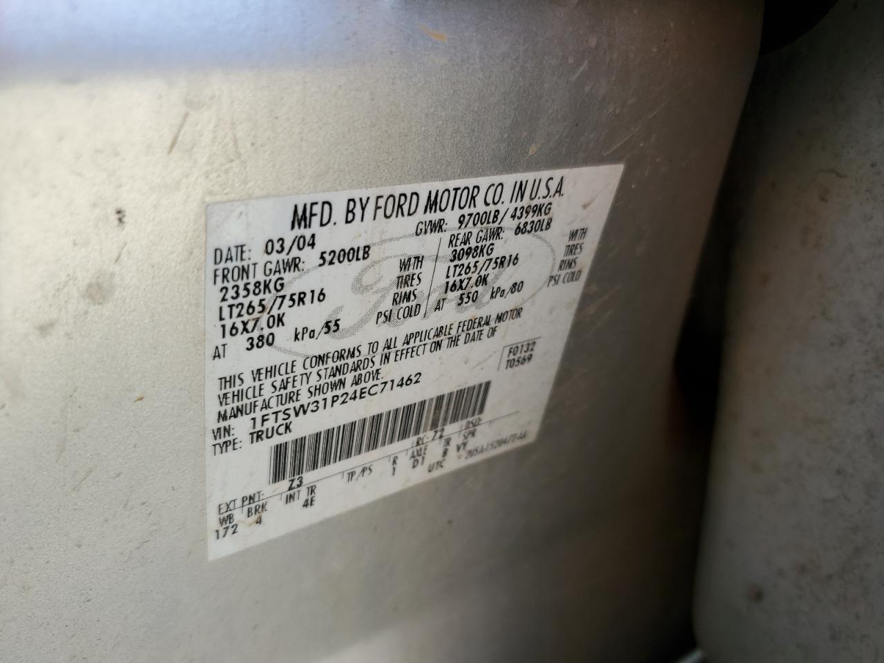 2004 Ford F350 Srw Super Duty VIN: 1FTSW31P24EC71462 Lot: 65497544