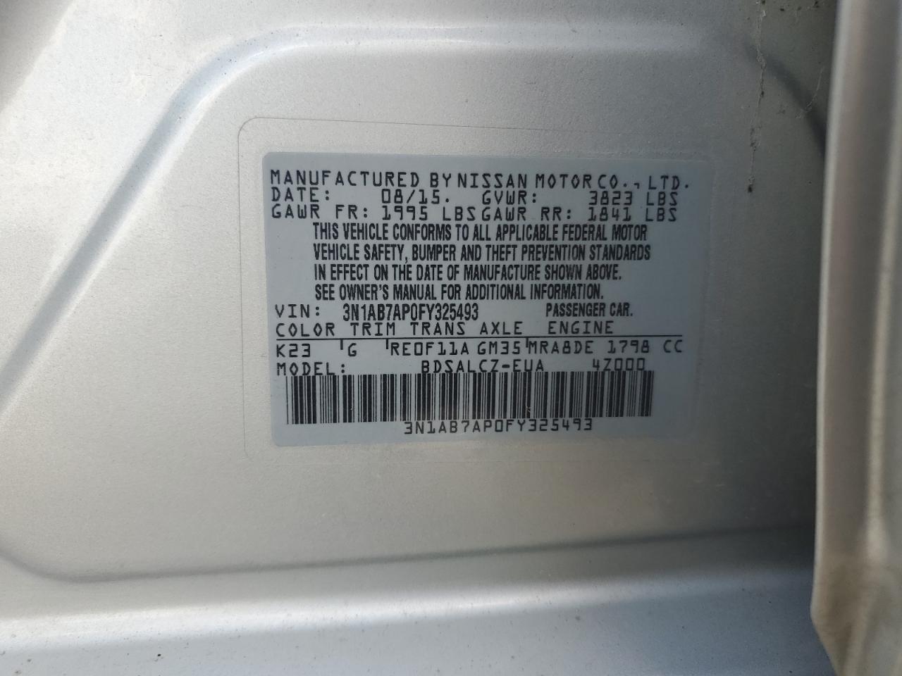 3N1AB7AP0FY325493 2015 Nissan Sentra S