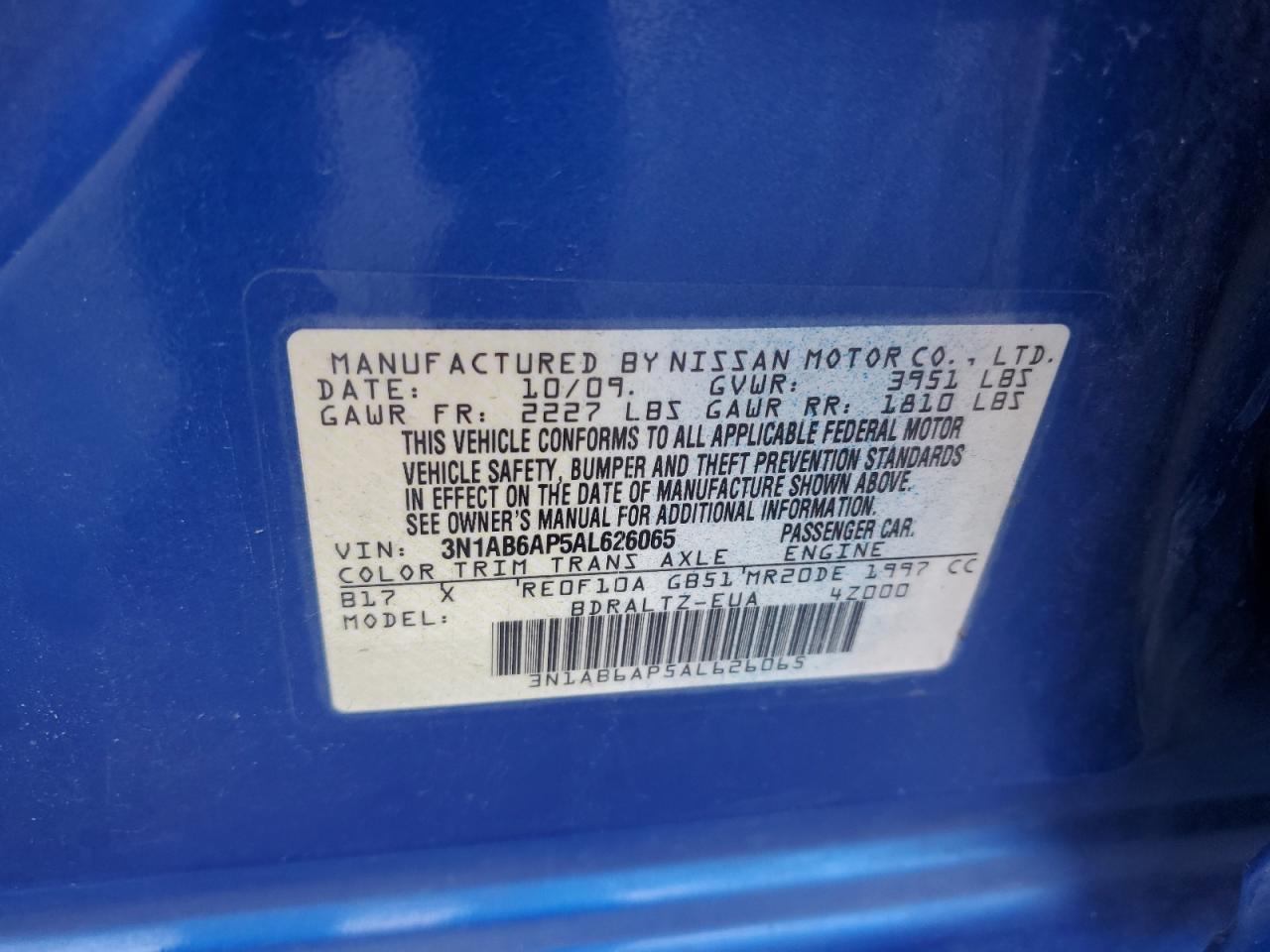 2010 Nissan Sentra 2.0 VIN: 3N1AB6AP5AL626065 Lot: 66128074