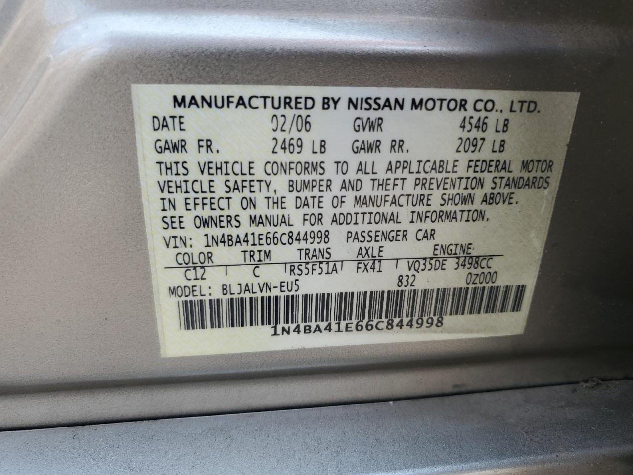 1N4BA41E66C844998 2006 Nissan Maxima Se