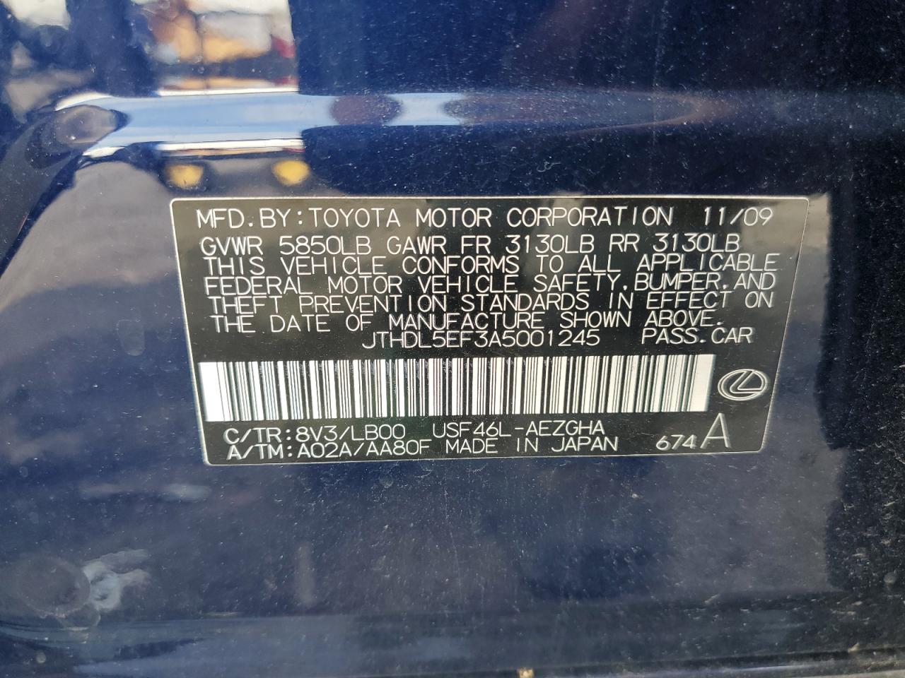 2010 Lexus Ls 460L VIN: JTHDL5EF3A5001245 Lot: 66911654