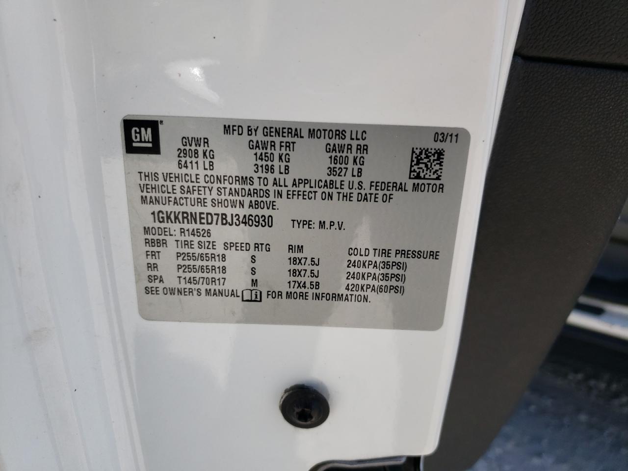 2011 GMC Acadia Sle VIN: 1GKKRNED7BJ346930 Lot: 66333664