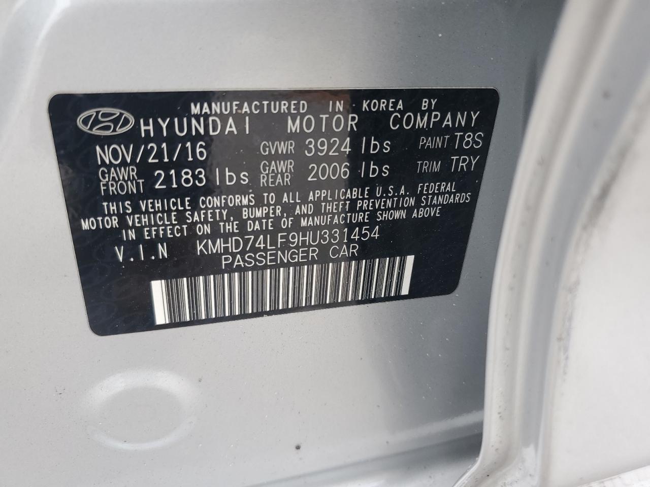 2017 Hyundai Elantra Se VIN: KMHD74LF9HU331454 Lot: 65663974