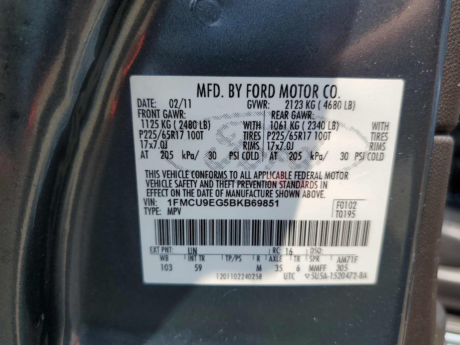 1FMCU9EG5BKB69851 2011 Ford Escape Limited