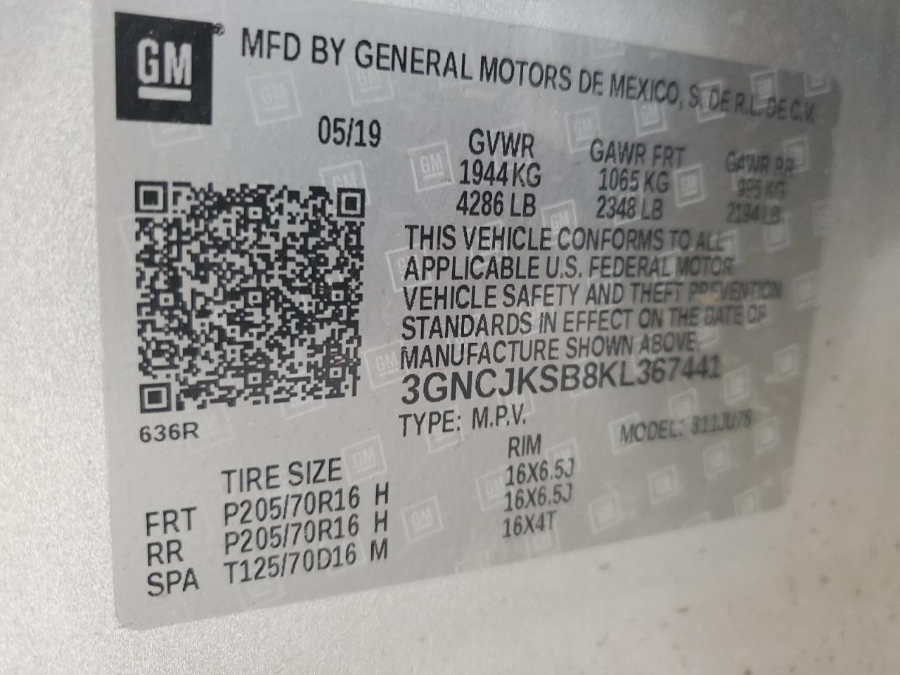 2019 Chevrolet Trax Ls VIN: 3GNCJKSB8KL367441 Lot: 65975864