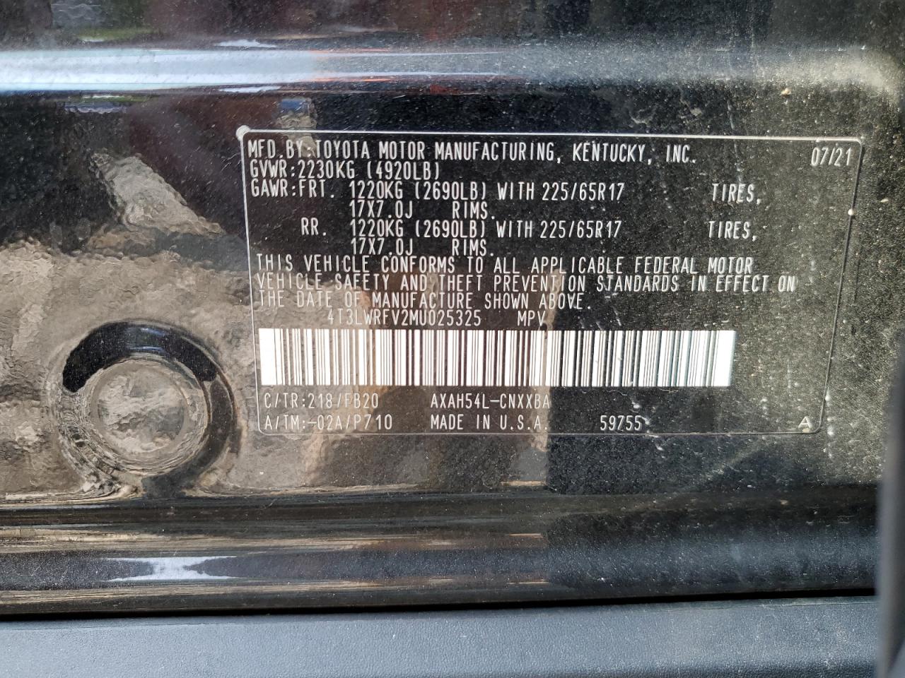 2021 Toyota Rav4 Le VIN: 4T3LWRFV2MU025325 Lot: 65011434