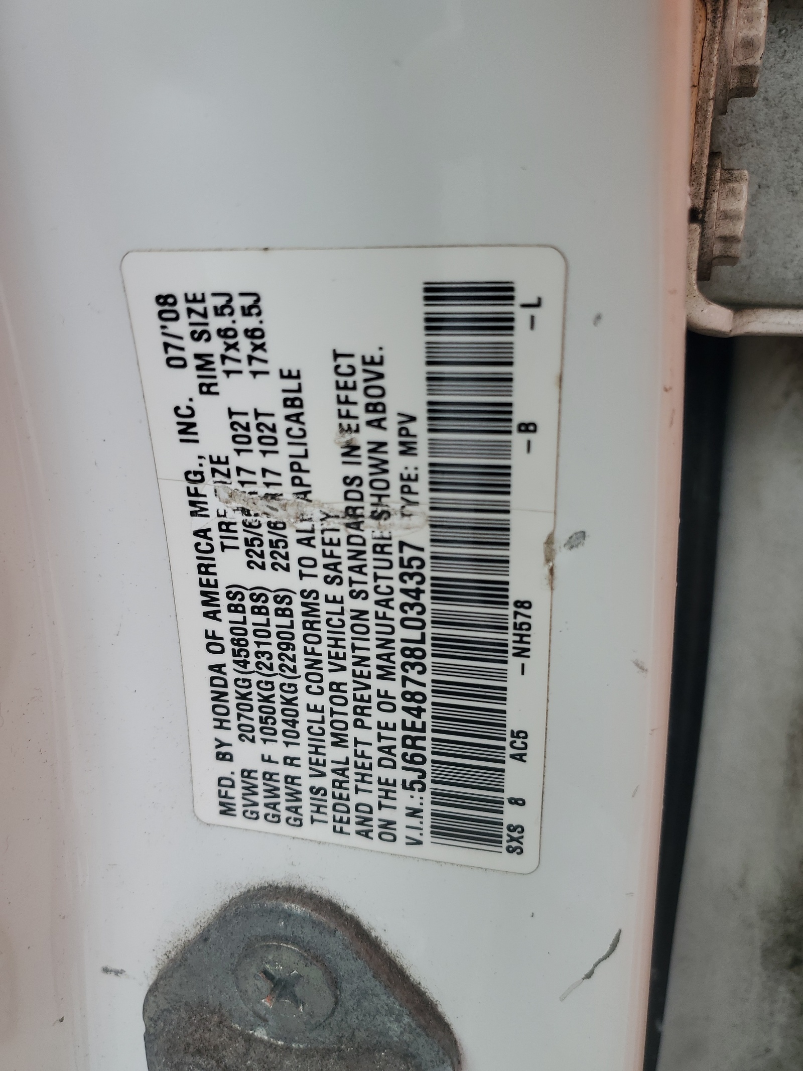 5J6RE48738L034357 2008 Honda Cr-V Exl