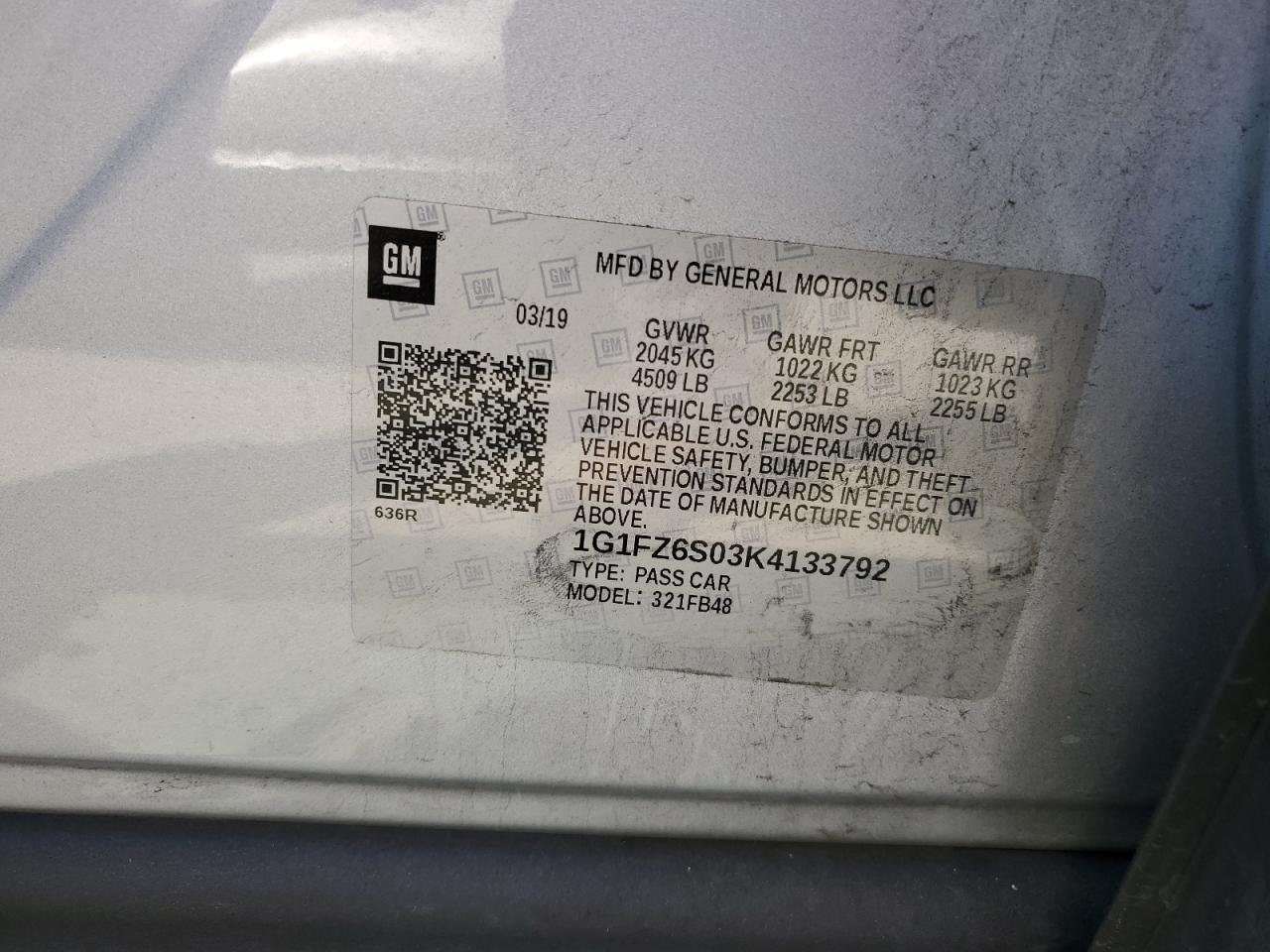 2019 Chevrolet Bolt Ev Premier VIN: 1G1FZ6S03K4133792 Lot: 66237554