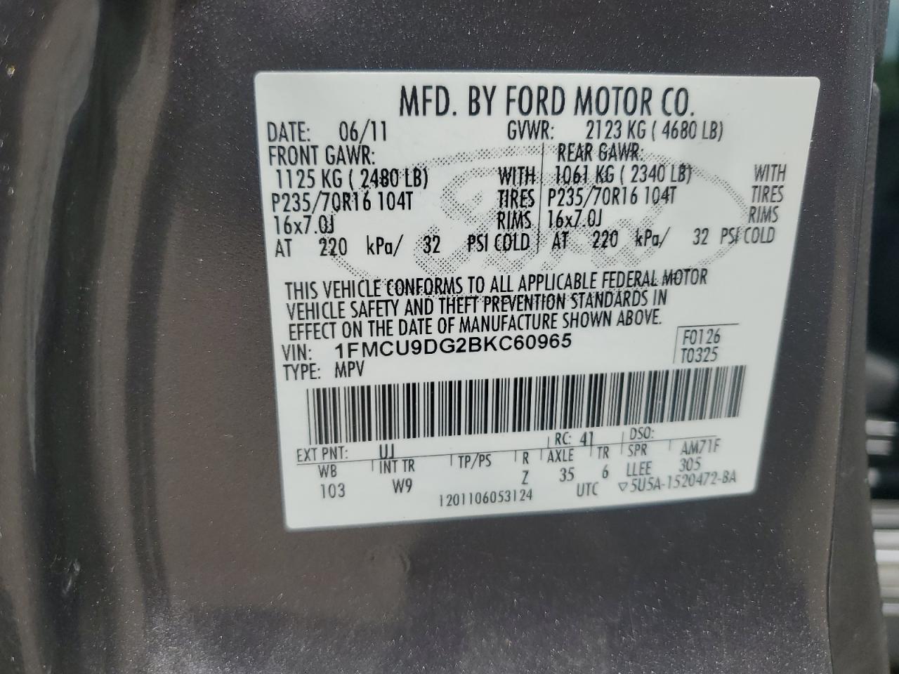 2011 Ford Escape Xlt VIN: 1FMCU9DG2BKC60965 Lot: 68376844