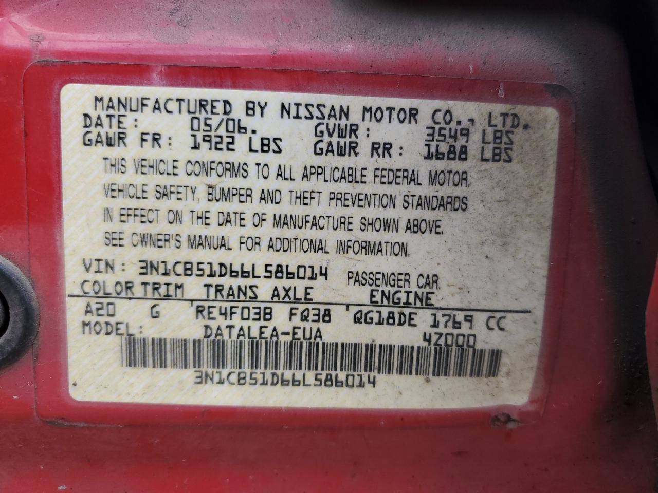 3N1CB51D66L586014 2006 Nissan Sentra 1.8