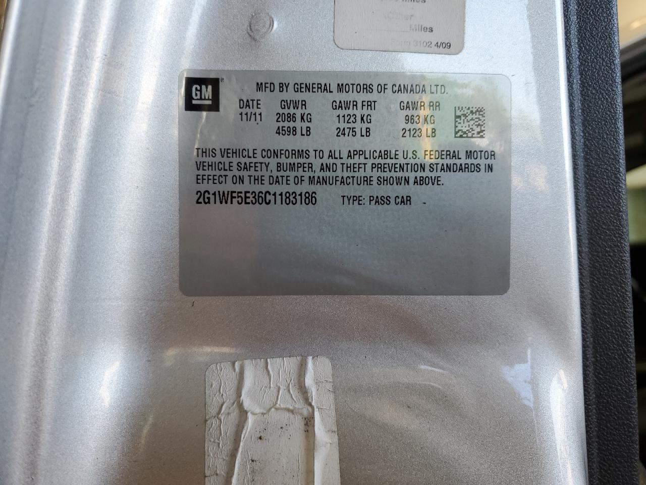 2012 Chevrolet Impala Ls VIN: 2G1WF5E36C1183186 Lot: 66236134