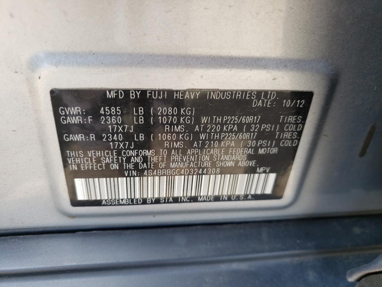 2013 Subaru Outback 2.5I Premium VIN: 4S4BRBGC4D3244308 Lot: 67293434