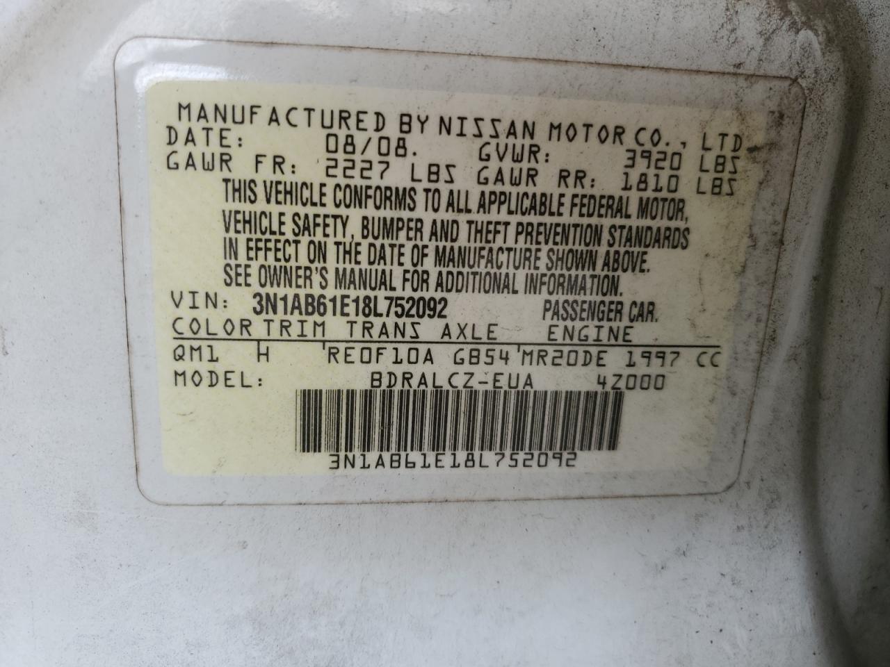 3N1AB61E18L752092 2008 Nissan Sentra 2.0