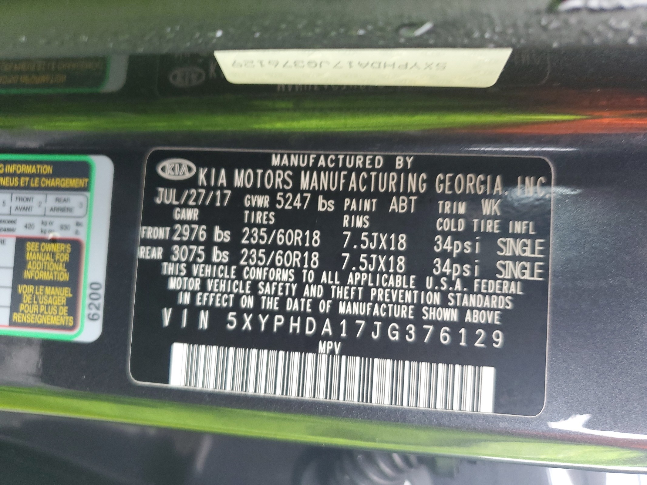 5XYPHDA17JG376129 2018 Kia Sorento Ex