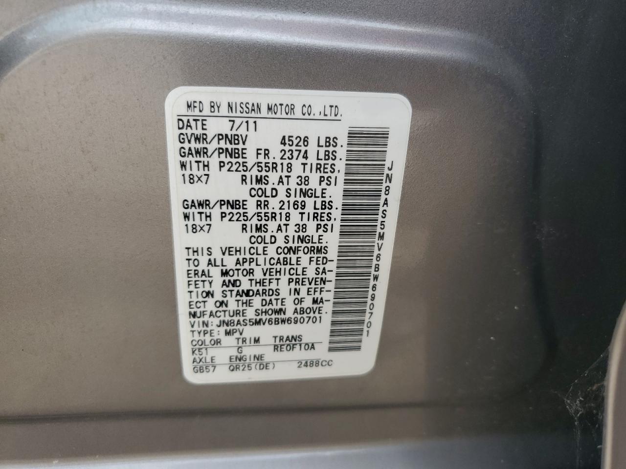 2011 Nissan Rogue S VIN: JN8AS5MV6BW690701 Lot: 66488304