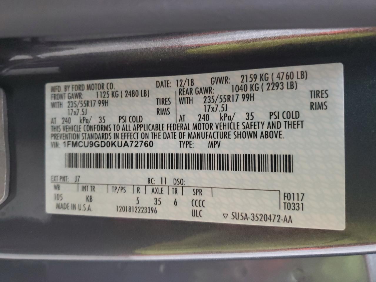 1FMCU9GD0KUA72760 2019 Ford Escape Se