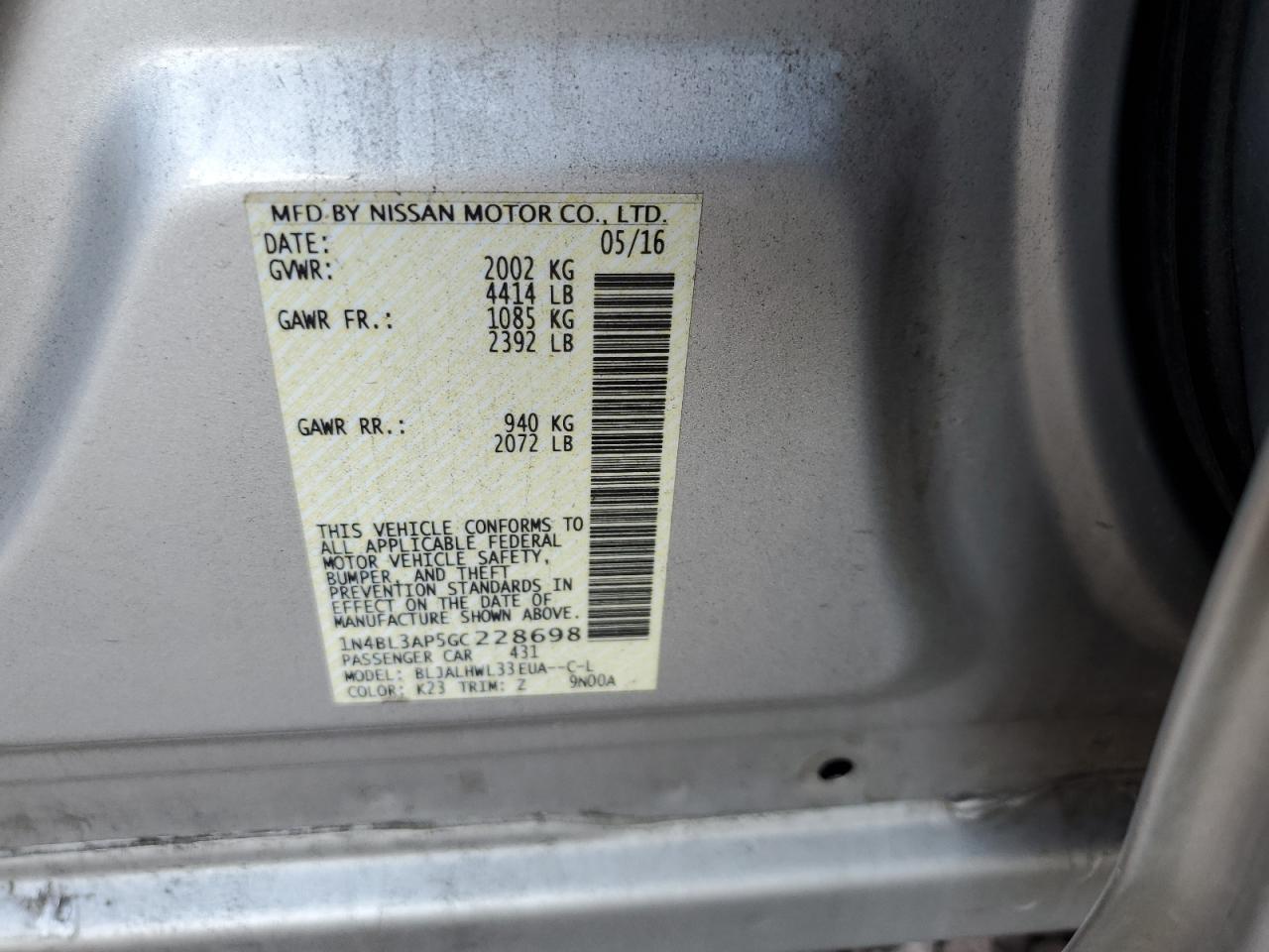 2016 Nissan Altima 3.5Sl VIN: 1N4BL3AP5GC228698 Lot: 68878374