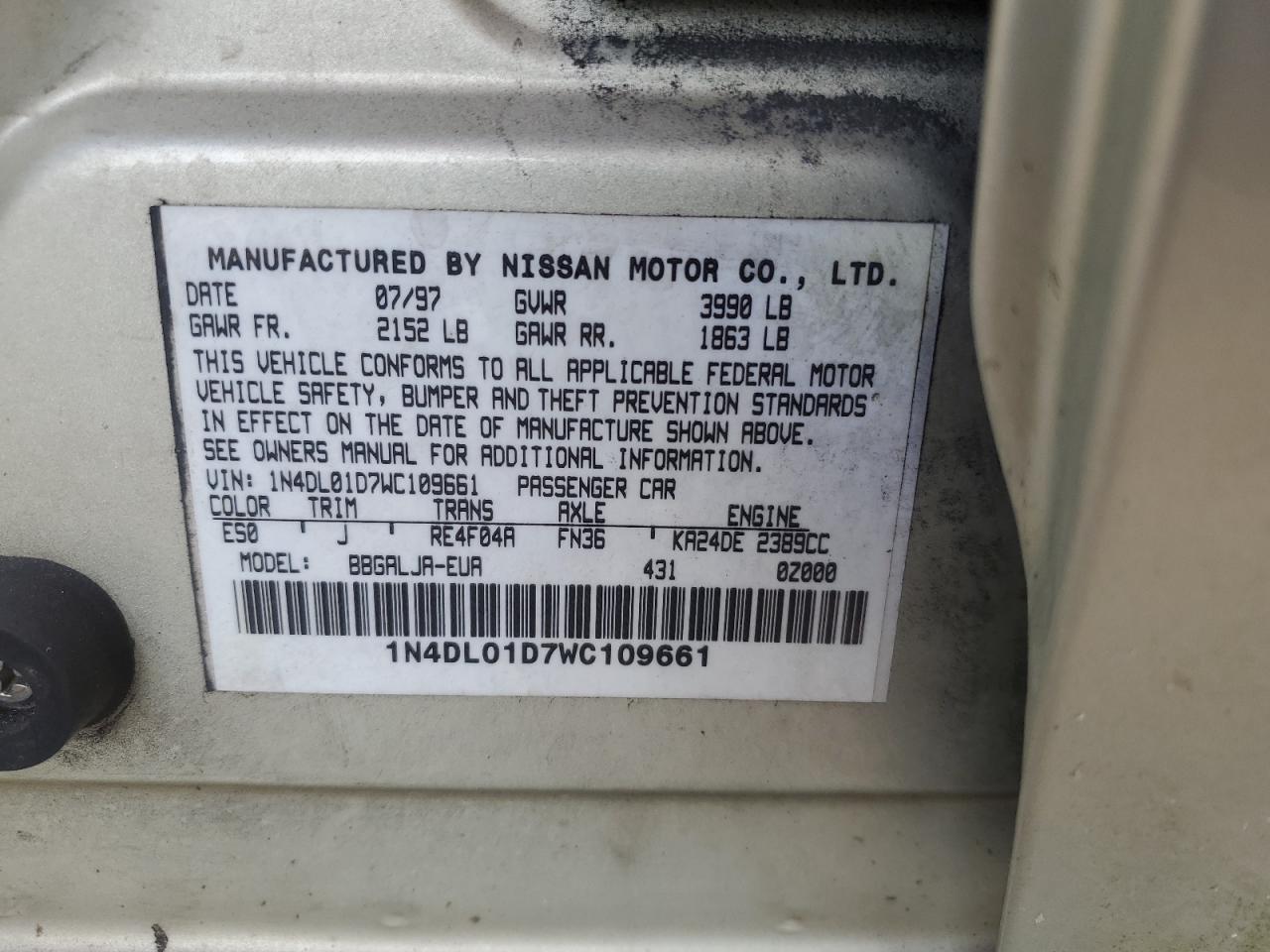 1N4DL01D7WC109661 1998 Nissan Altima Xe