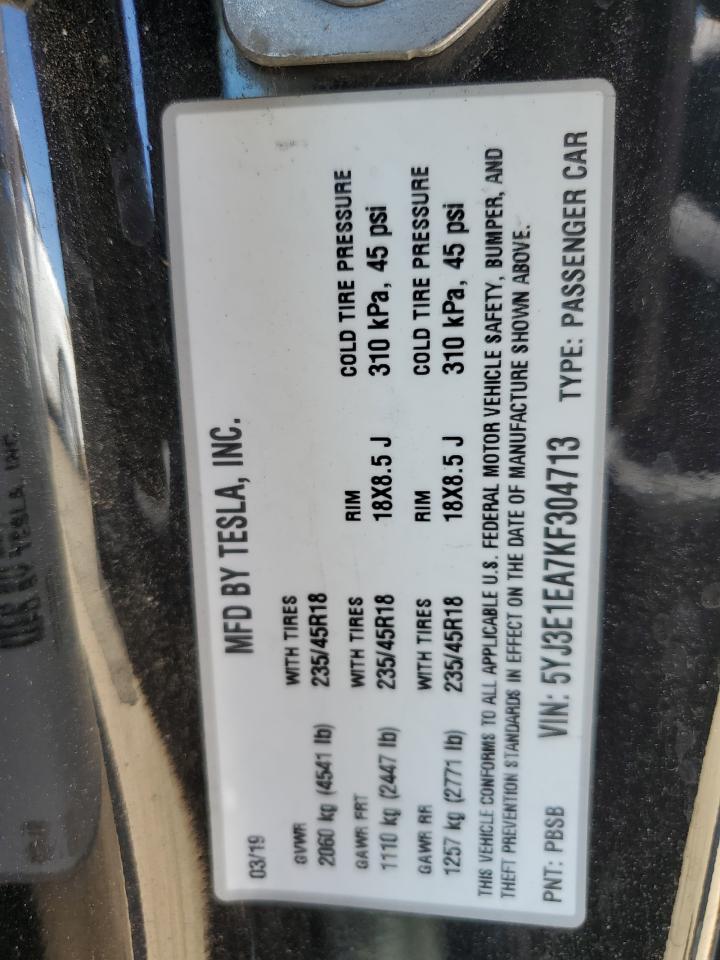 2019 Tesla Model 3 VIN: 5YJ3E1EA7KF304713 Lot: 67490914