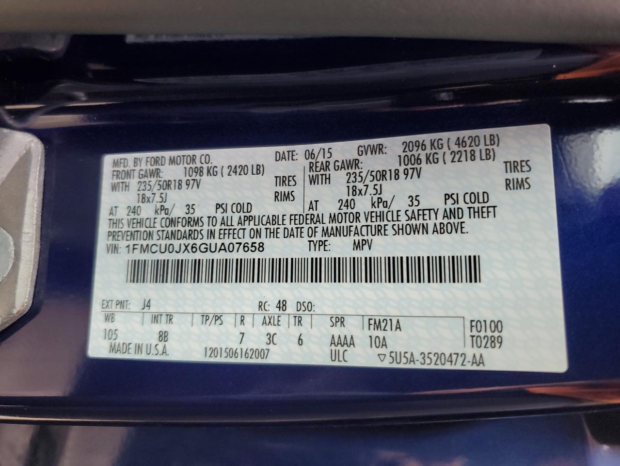 2016 Ford Escape Titanium VIN: 1FMCU0JX6GUA07658 Lot: 65324034