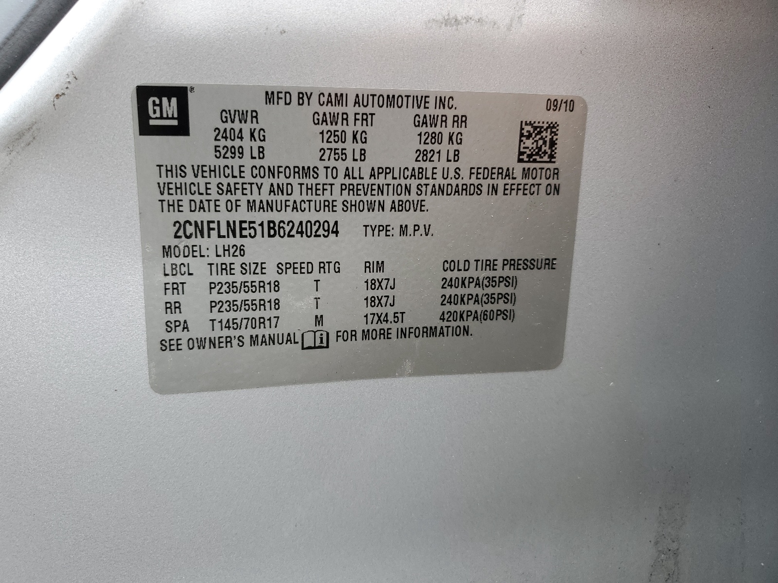 2CNFLNE51B6240294 2011 Chevrolet Equinox Lt