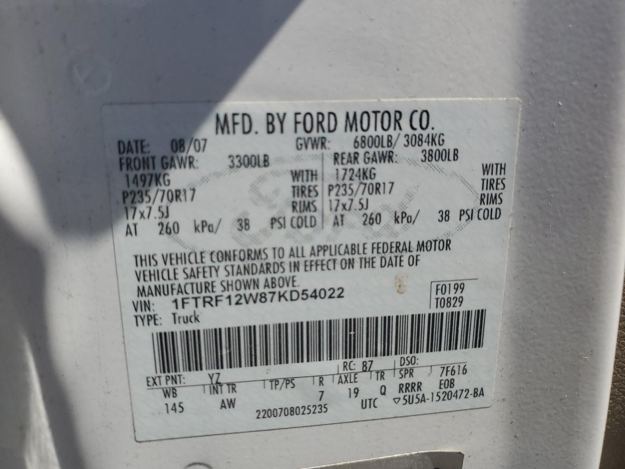 2007 Ford F150 VIN: 1FTRF12W87KD54022 Lot: 69023814