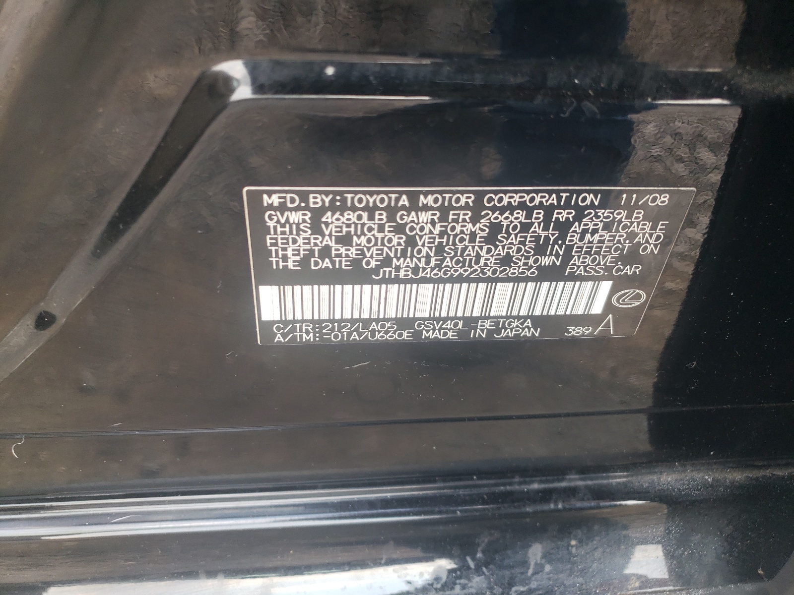 JTHBJ46G992302856 2009 Lexus Es 350