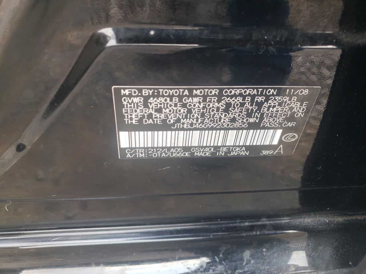 2009 Lexus Es 350 VIN: JTHBJ46G992302856 Lot: 65854844