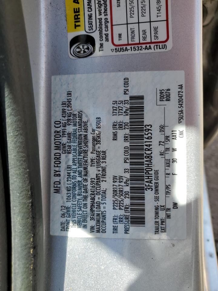 2012 Ford Fusion Se VIN: 3FAHP0HA8CR416593 Lot: 67201664