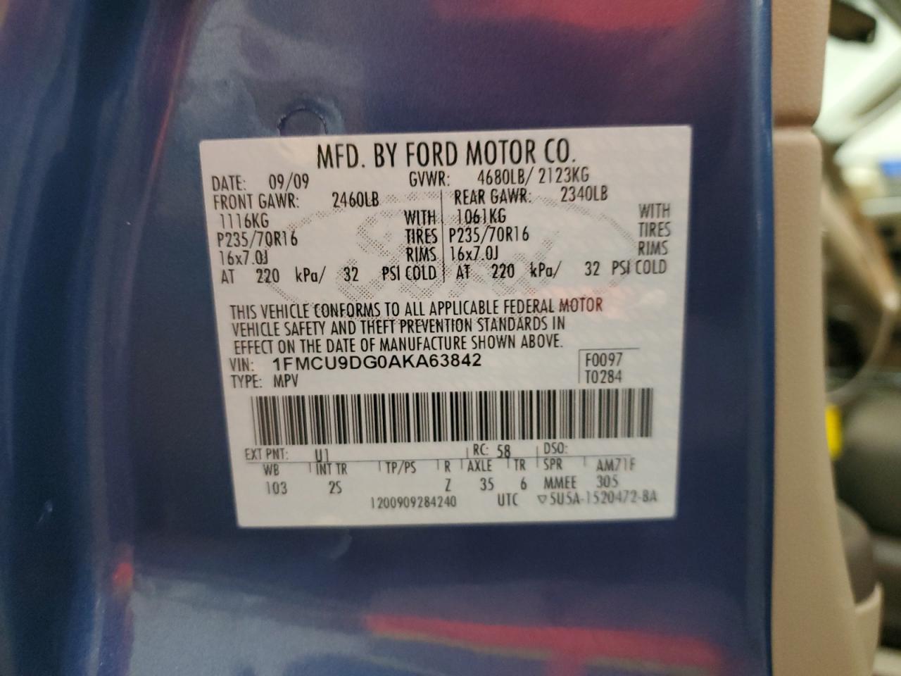 2010 Ford Escape Xlt VIN: 1FMCU9DG0AKA63842 Lot: 64234784