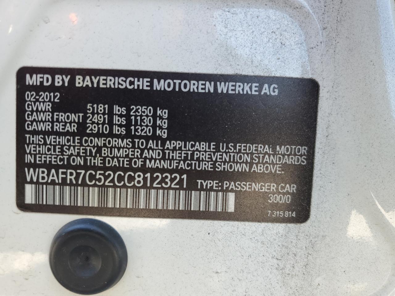 2012 BMW 535 I VIN: WBAFR7C52CC812321 Lot: 65232394