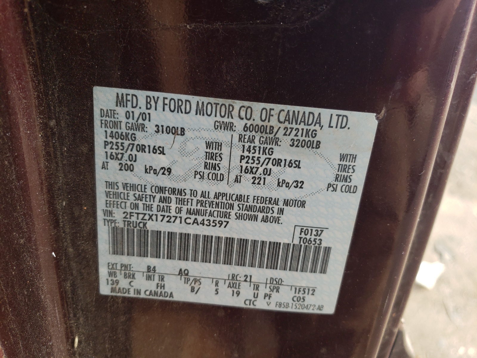 2FTZX17271CA43597 2001 Ford F150