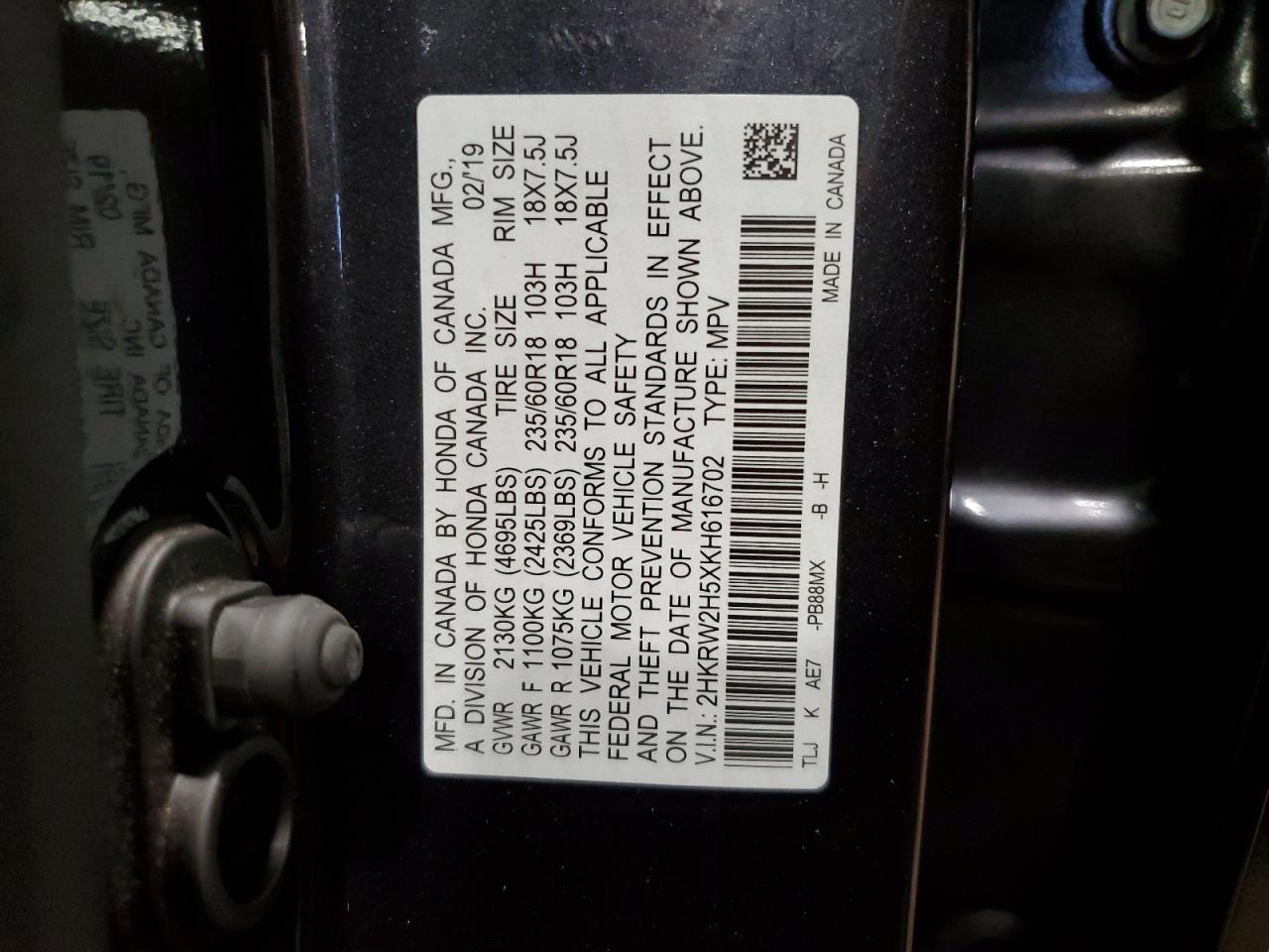 2019 Honda Cr-V Ex VIN: 2HKRW2H5XKH616702 Lot: 66744294