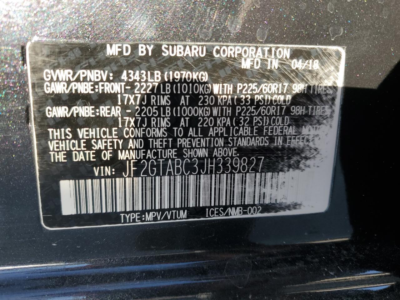 JF2GTABC3JH339827 2018 Subaru Crosstrek Premium