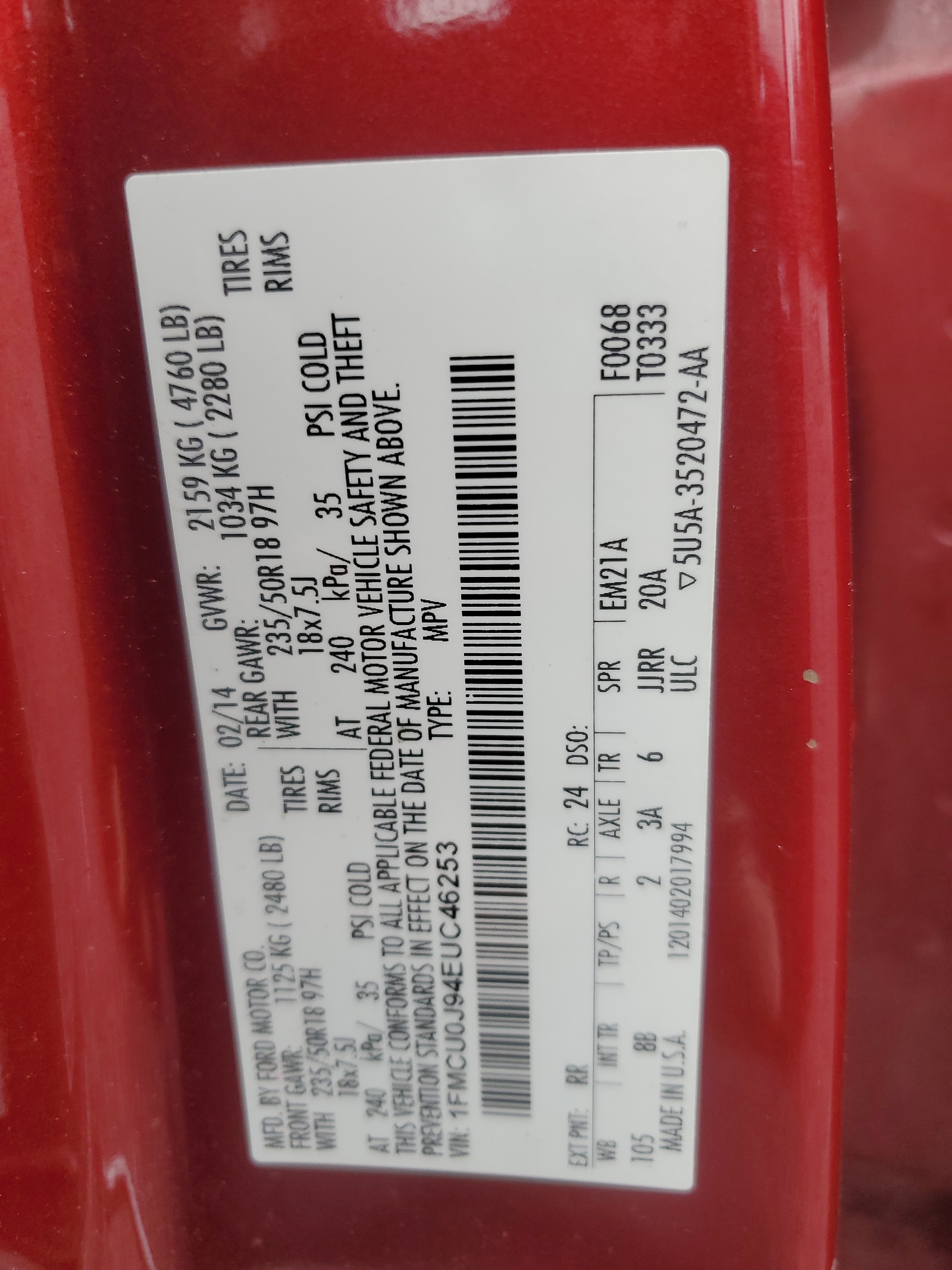 1FMCU0J94EUC46253 2014 Ford Escape Titanium