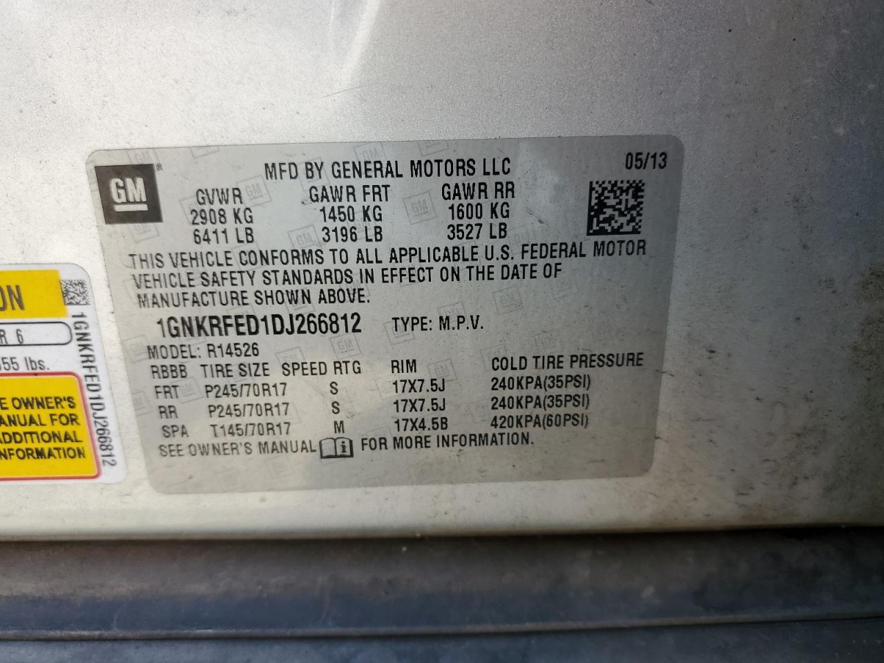 2013 Chevrolet Traverse Ls VIN: 1GNKRFED1DJ266812 Lot: 68807404