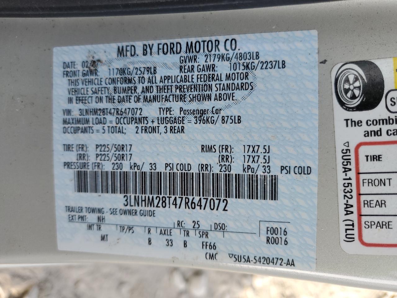 2007 Lincoln Mkz VIN: 3LNHM28T47R647072 Lot: 68722464