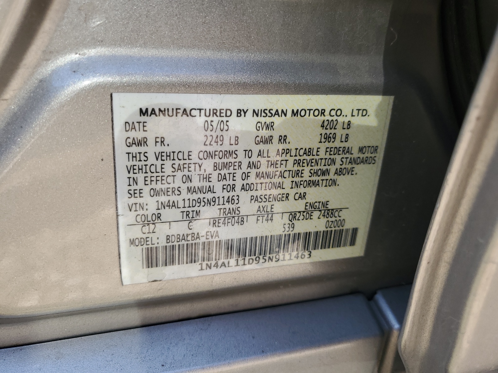 1N4AL11D95N911463 2005 Nissan Altima S