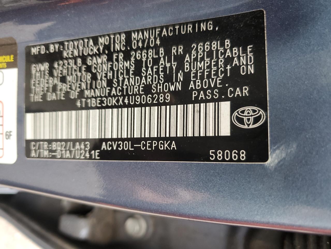 2004 Toyota Camry Le VIN: 4T1BE30KX4U906289 Lot: 65674154