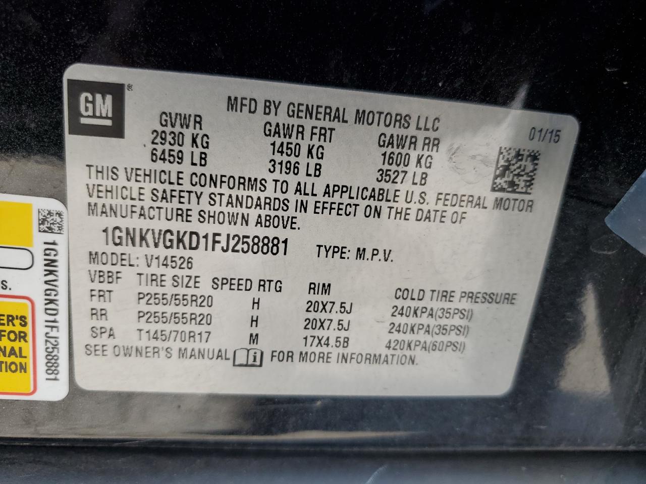 2015 Chevrolet Traverse Lt VIN: 1GNKVGKD1FJ258881 Lot: 68469864